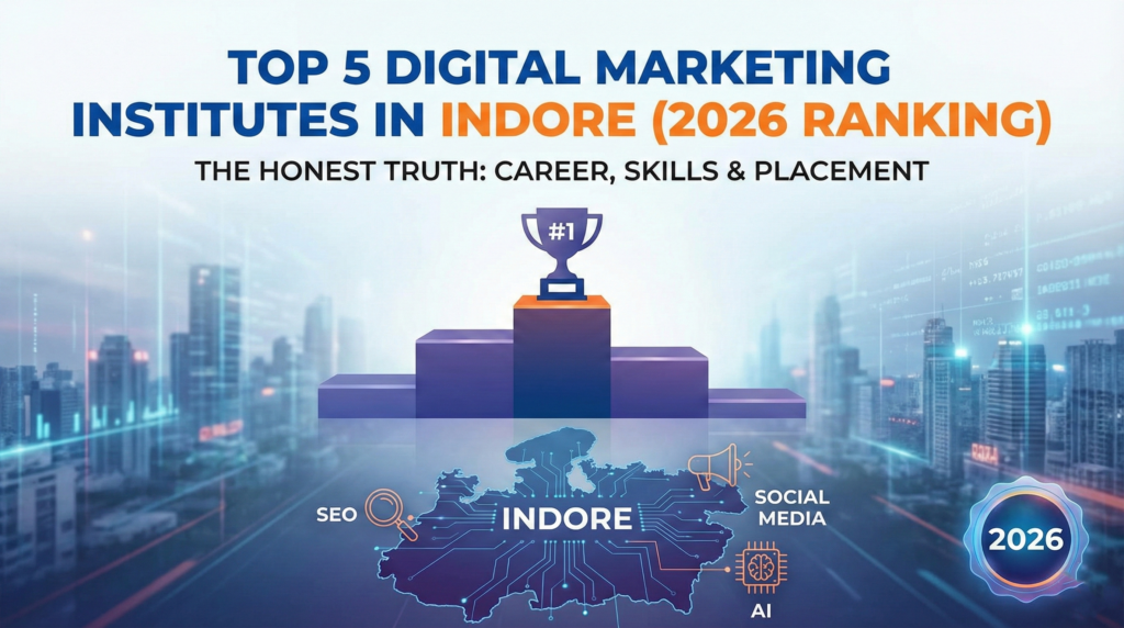 Best Digital Marketing Course in Indore 2026 Ranking featured image showing a winner trophy and map of Indore city with SEO and AI icons.