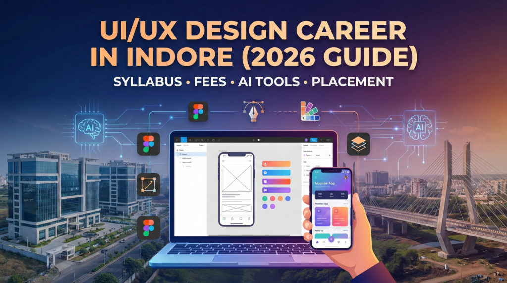 Best UI/UX Design Course in Indore 2026 Career Guide featured image showing a laptop with Figma interface, AI tools icons, and Indore IT Park background by Future Multimedia