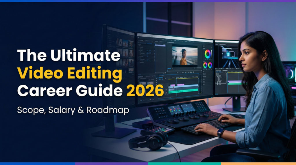 Professional female video editor working on a multi-monitor setup for The Ultimate Video Editing Career Guide 2026