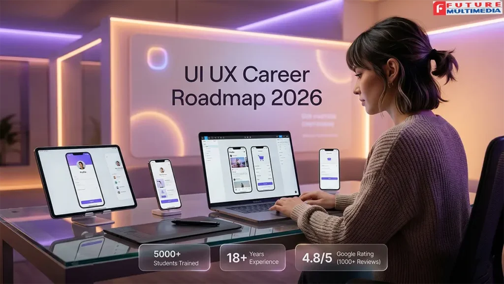 UI UX designer working in Figma with career roadmap banner and stats in Indore