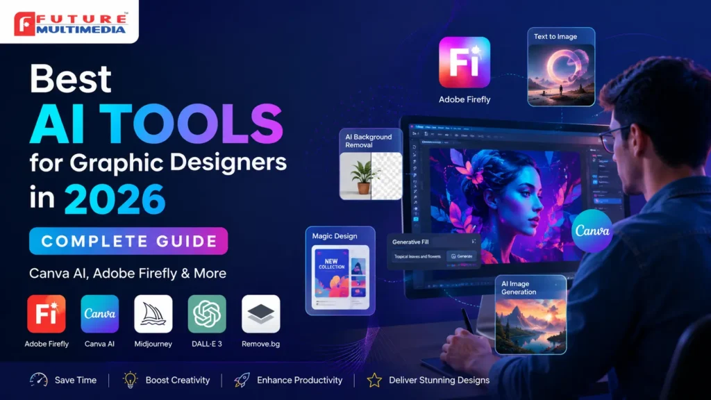 Professional graphic designer using AI tools like Adobe Firefly, Canva AI, Midjourney, DALL-E 3, and Remove.bg for creative design work in 2026