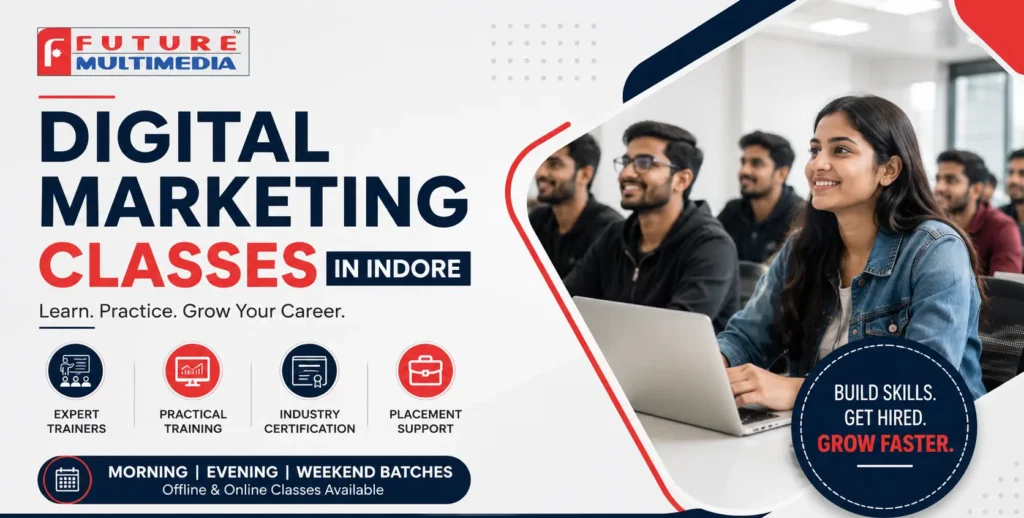 Modern digital marketing classroom training in Indore with students learning SEO, Google Ads, social media marketing, AI tools, and practical digital marketing skills at Future Multimedia Bhawarkuan Indore