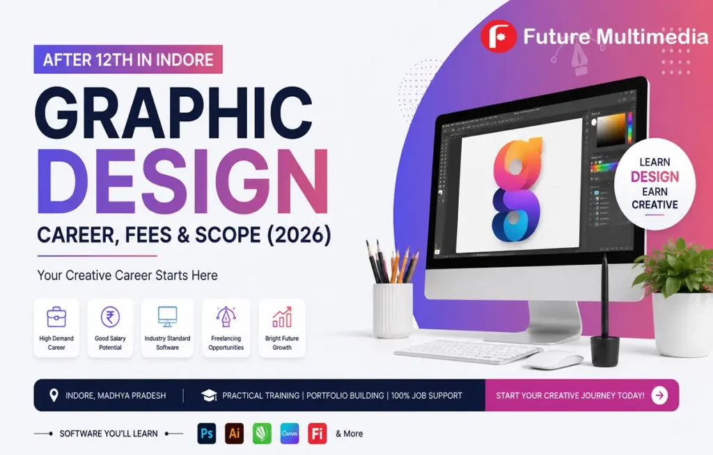 Modern graphic design course after 12th in Indore feature image showing creative workspace, design software, career scope, salary, and graphic design training 2026.