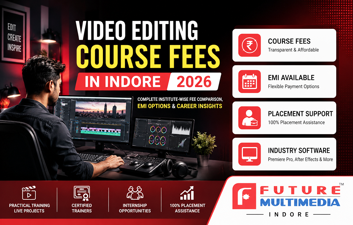 Professional video editing training banner for Future Multimedia Indore displaying video editing course fees in Indore 2026, course comparison, flexible EMI plans, industry software training, internship opportunities, and placement assistance
