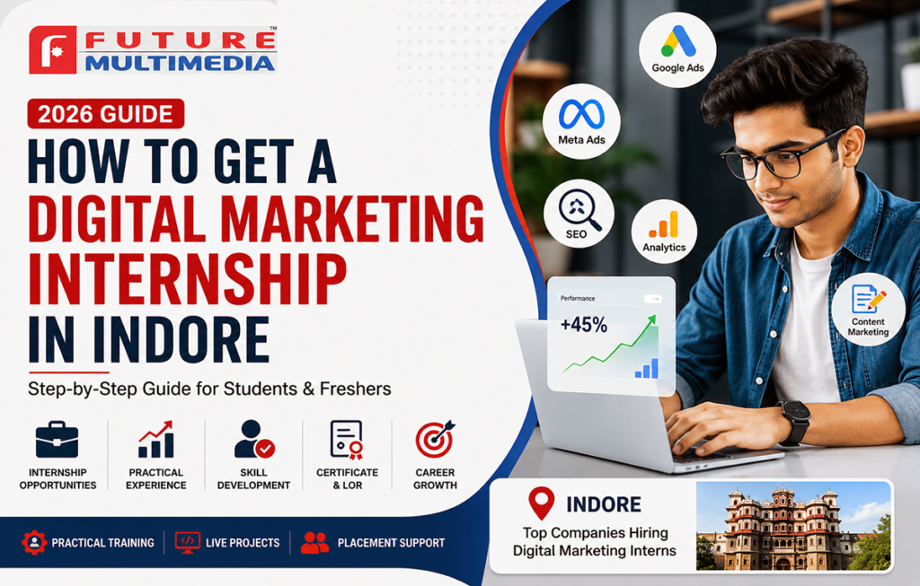 Student learning SEO, Google Ads, Meta Ads and Analytics during a Digital Marketing Internship in Indore at Future Multimedia