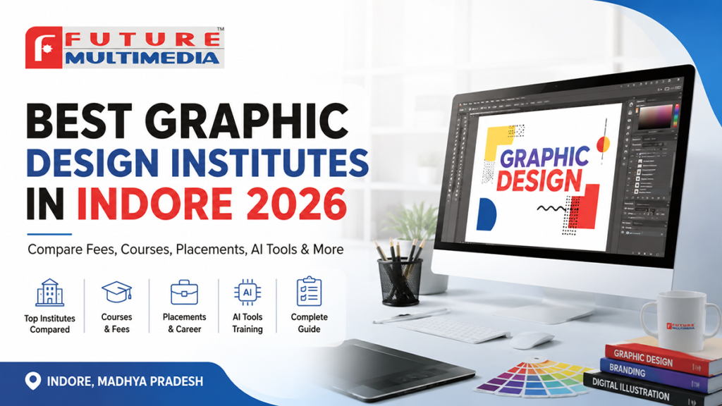 Best Graphic Design Institutes in Indore 2026 comparison guide featuring Future Multimedia, course fees, AI tools, placements, and career opportunities