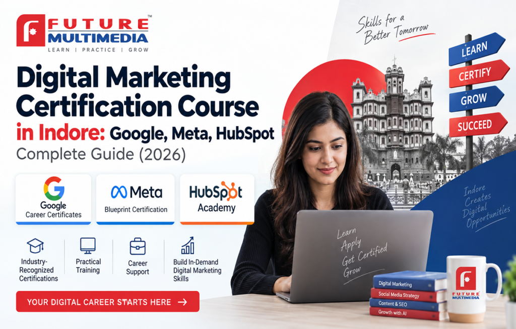 Future Multimedia digital marketing course in Indore 2026 with Google Career Certificates, Meta Blueprint, HubSpot Academy and career-focused training visuals