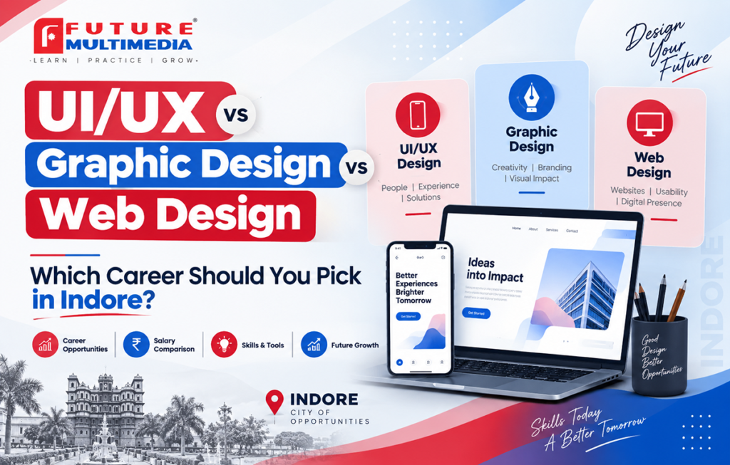 Modern design course feature image with Future Multimedia logo comparing UI/UX, Graphic Design, and Web Design careers in Indore with device mockups and creative layout.