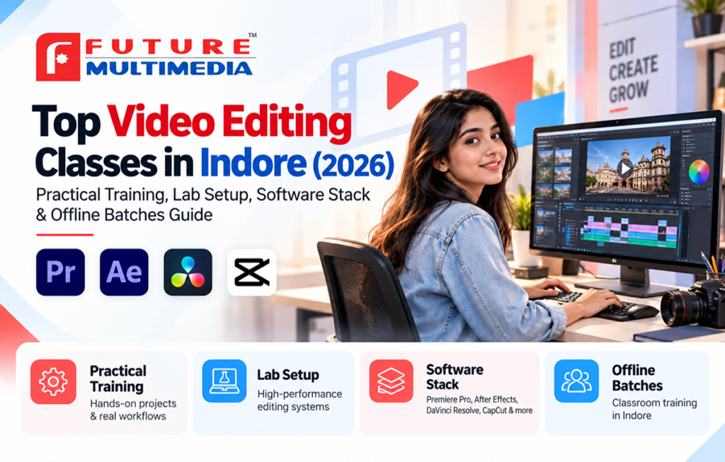 Top video editing classes in Indore 2026 with practical training, lab setup, software stack including Premiere Pro, After Effects, DaVinci Resolve and offline batches at Future Multimedia institute